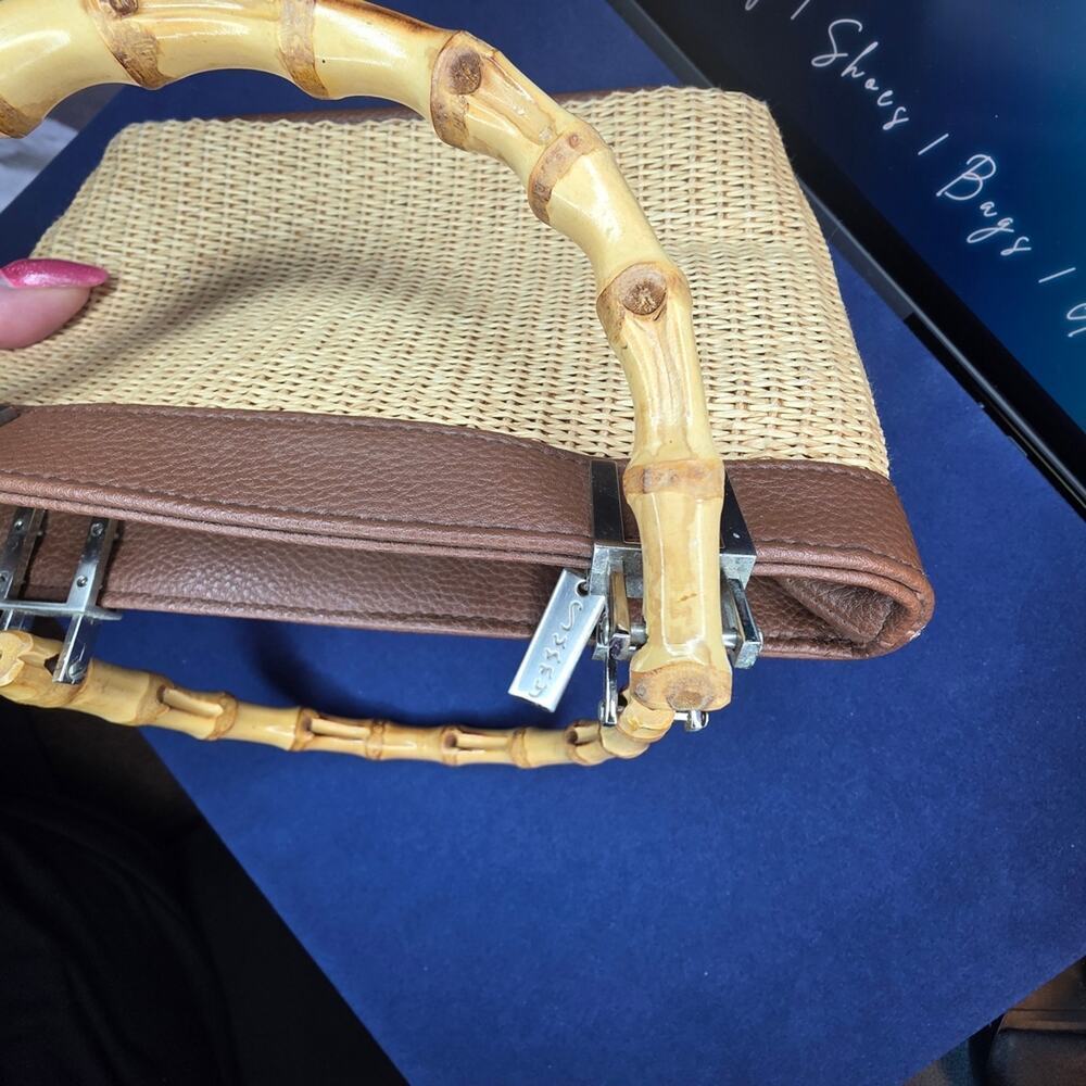 Sunny Hawaii Straw Mini Tote Bamboo Handles Tan Brown 9x5x2.5" 1H - Picture 9 of 10